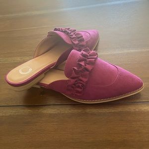 Magenta faux suede flat with ruffle detail
